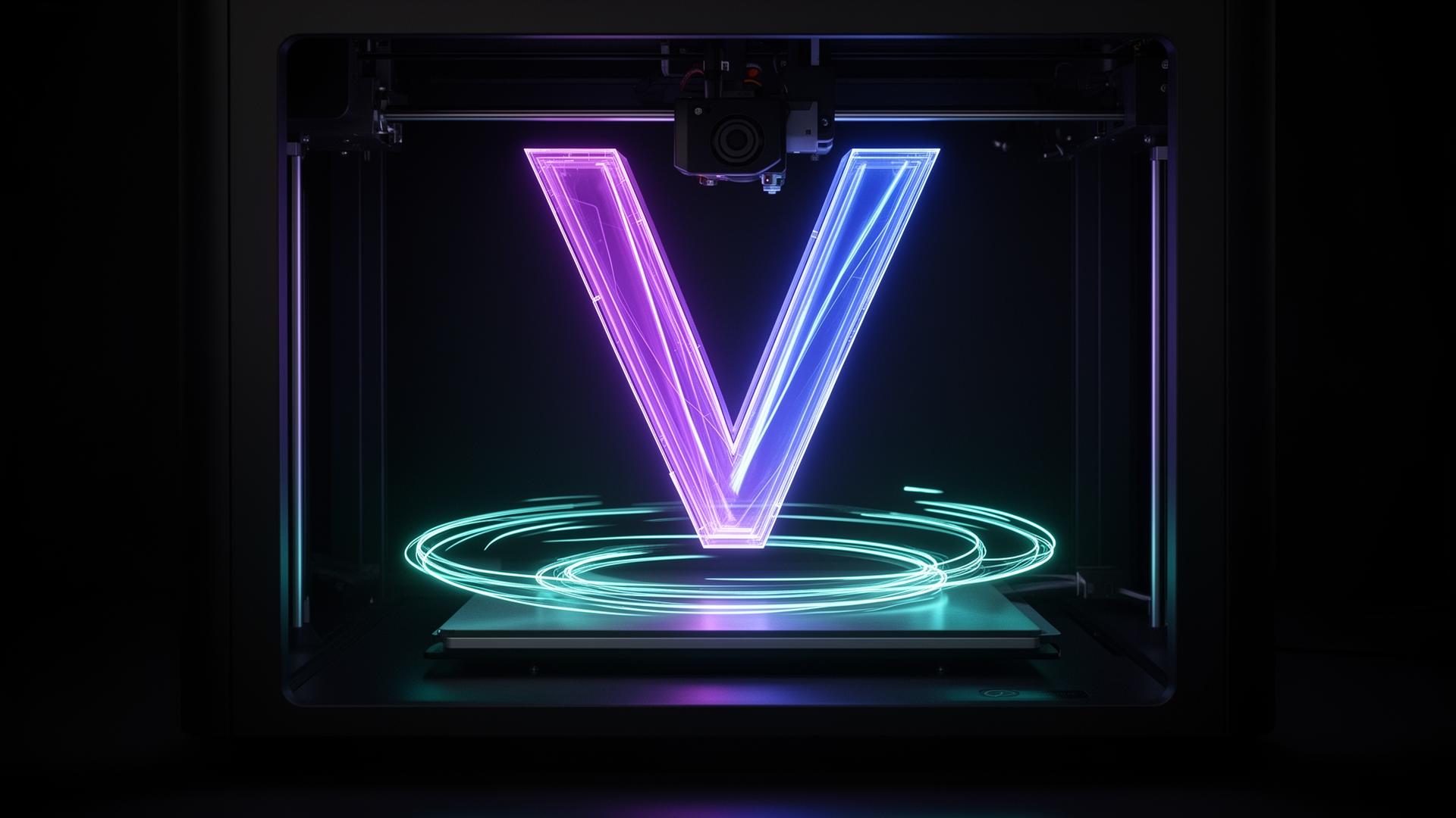 Impressora 3D futurista Virtus com letra V holográfica